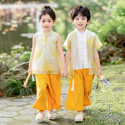 男宝宝古风帅气唐装夏季古装中式套装女童汉服六一儿童国风演出服
