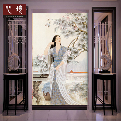 李鸣工笔画美女壁画墙纸墙布仕女图电视背景墙书房酒店背景5D壁画