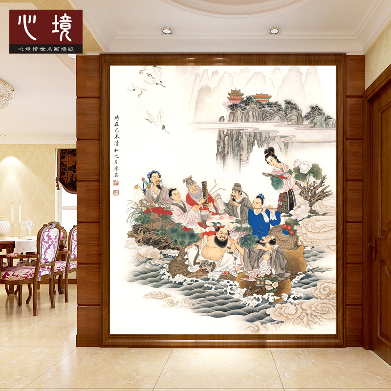 八仙过海中式客厅背景壁画墙纸 八仙过海水粉画国画 丝绸壁画定制