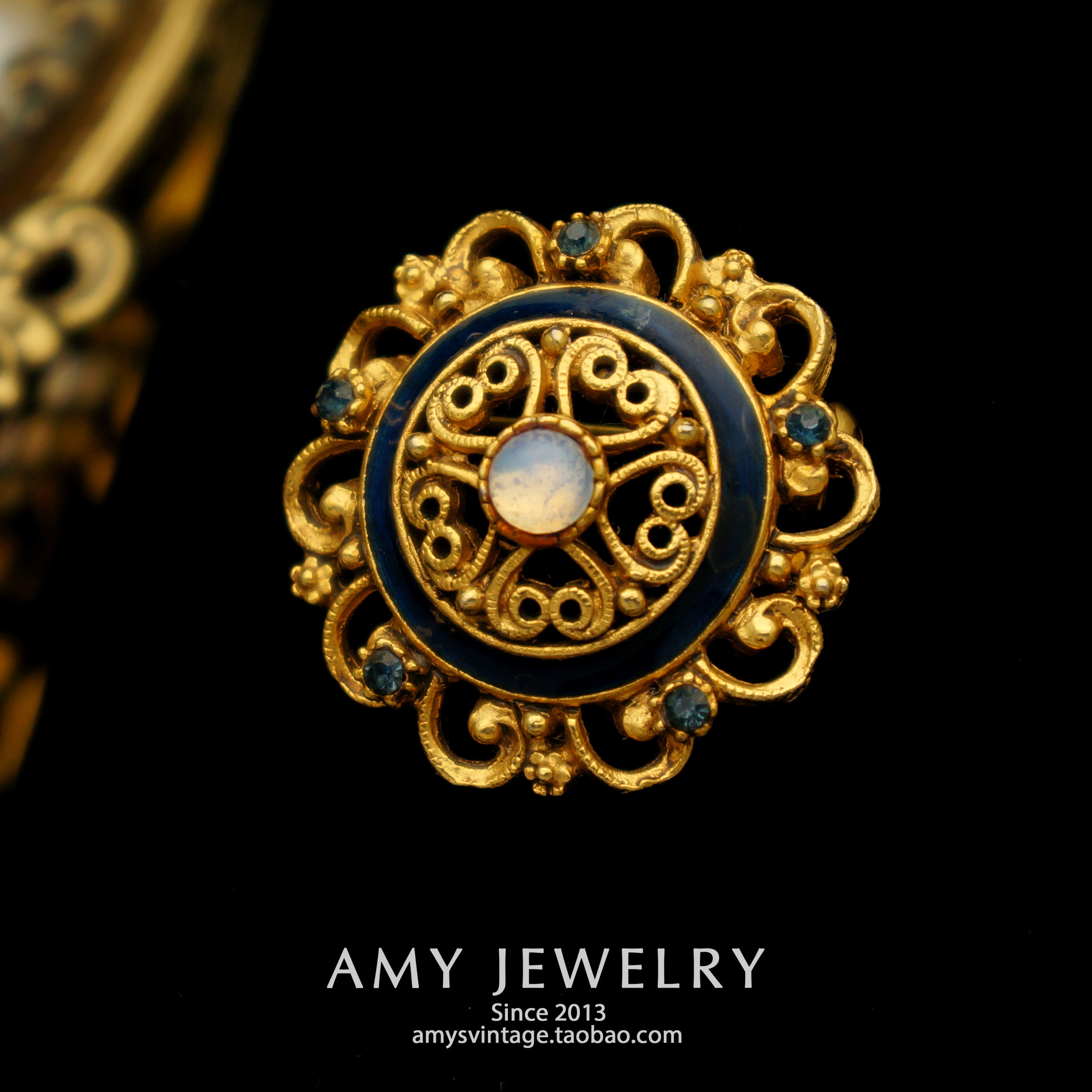 florenza维多利亚古典风格月光石珐琅胸针 | amy vintage古董首饰