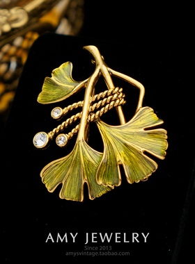 Joan Rivers精致珐琅银杏叶胸针 | Amy Vintage西洋古董首饰