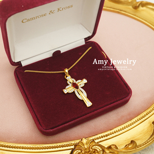 JBK杰奎琳红水晶十字架项链 Vintage西洋古董首饰 带原盒｜Amy