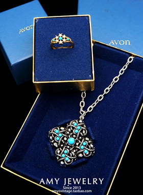 AVON雅芳土耳其兰宝项链戒指套装带原盒｜Amy Vintage古董首饰