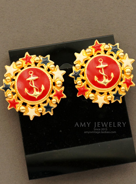 复古70年代珐琅海军风耳夹耳环｜Amy Vintage西洋古董首饰