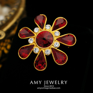 Vintage西洋古董首饰 Amy Eisenberg ICE鸽血红水晶太阳花胸针