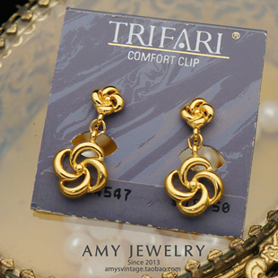 TRIFARI翠法丽素金花朵吊坠耳夹耳环 | Amy Vintage西洋古董首饰