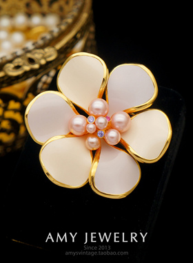 Joan Rivers粉珐琅花朵胸针 | Amy Vintage西洋古董首饰