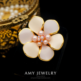 Vintage西洋古董首饰 Amy Joan Rivers粉珐琅花朵胸针