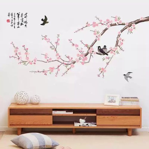 桃花喜鹊墙贴中国风装饰贴画玄关古风贴纸客厅卧室墙面布置自粘画