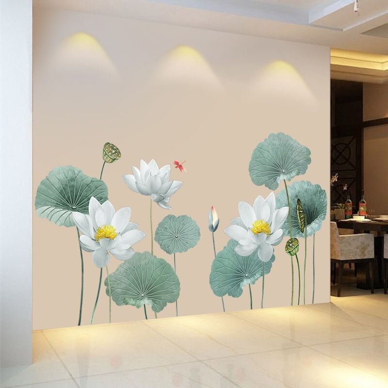 中国古风荷花墙贴画墙纸自粘卧室装饰品客厅沙发电视背景墙壁贴纸图片