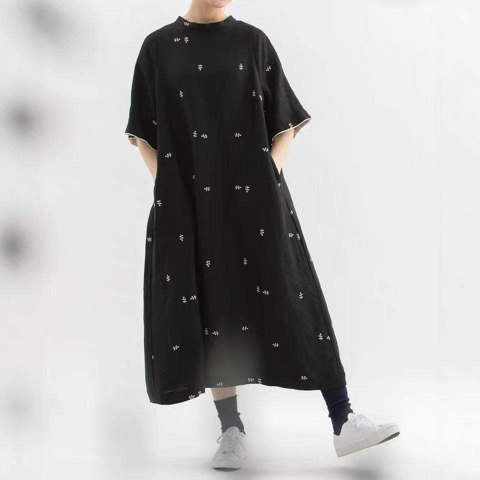 夏季日系亚麻刺绣大码短袖连衣裙
