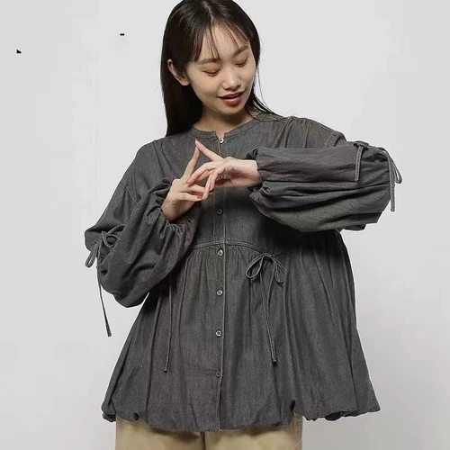 25SS春季新款日系niko气质小众灯笼袖通勤牛仔衬衫甜美系带上衣女