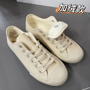 韩国ins小众设计加绒保暖百搭系带低帮帆布鞋 女 极简风奶油色板鞋