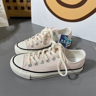 女休闲板鞋 EVENSTAR皮粉淡粉色低帮系带平底帆布鞋 韩 新款 2025夏季