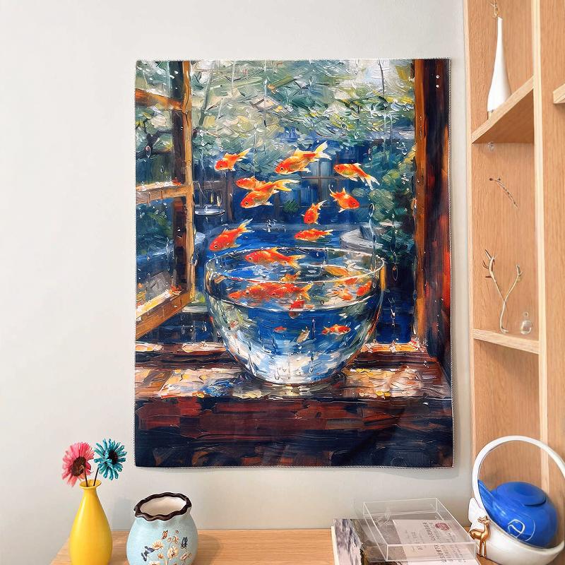 延伸感金鱼窗户挂布 宿舍床头装饰背景布好物 原创艺术桌布挂毯