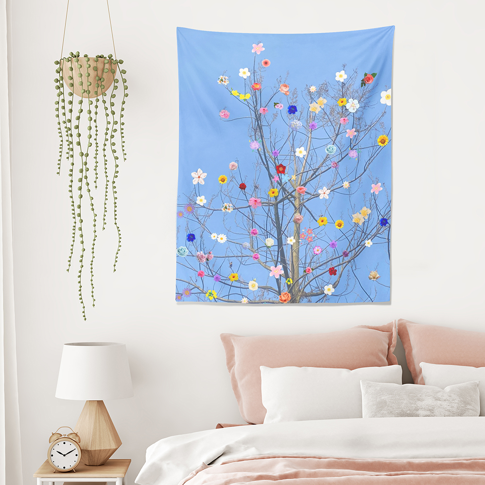 枯木逢春 原创手绘创意画布 春天感氛围花开背景布 卧室装饰挂布