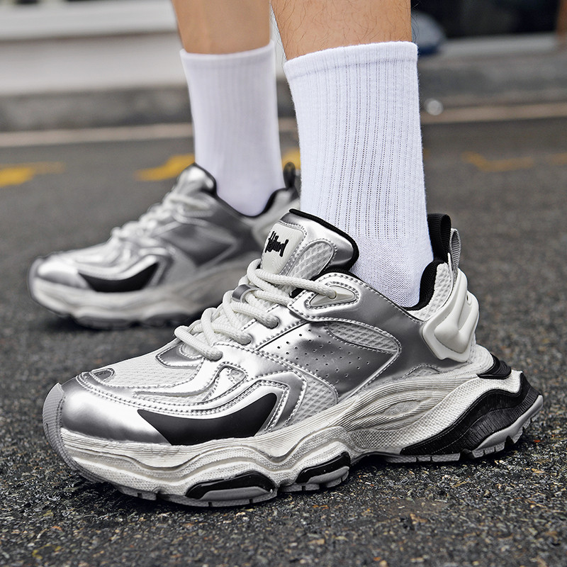 安能玛银色复古老爹鞋男巴黎风5XL百搭做旧休闲运动鞋厚底潮鞋男