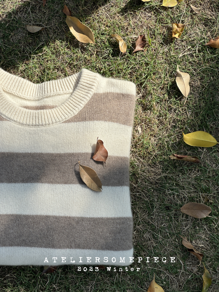 圆领条纹宽松无染色纯羊绒毛衣