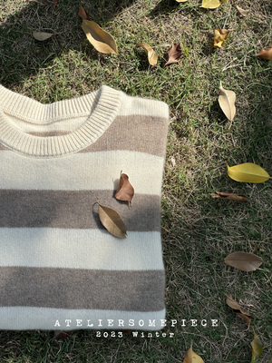 圆领条纹宽松无染色纯羊绒毛衣