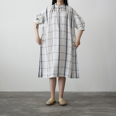 工匠格纹日本亚麻格纹宽松连衣裙