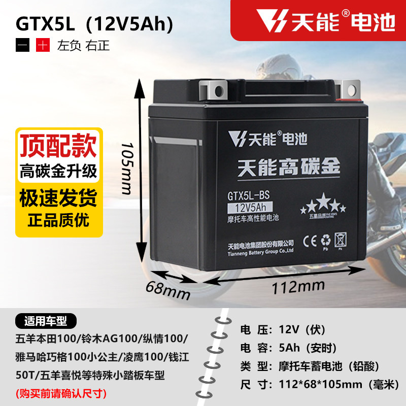 电池免维护摩托车电瓶12v5Ah豪爵125福喜巧格110通用干电池YTX5L