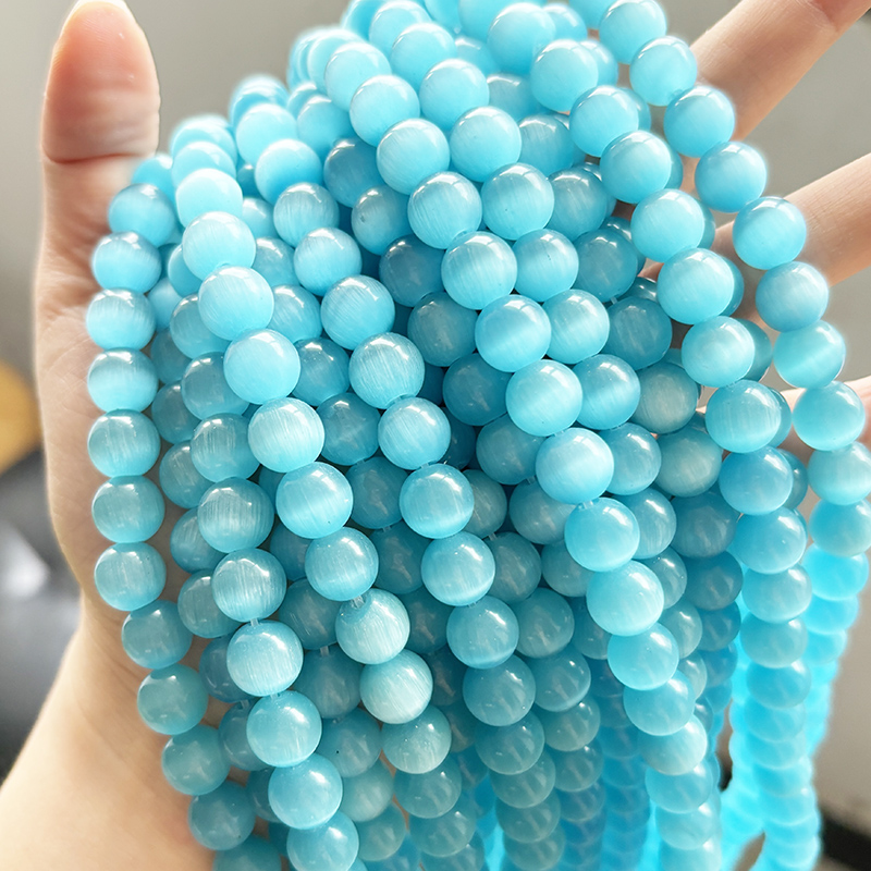 10mmDIY手工饰品散珠配件蓝色猫眼石半成品圆珠散珠女手链项链