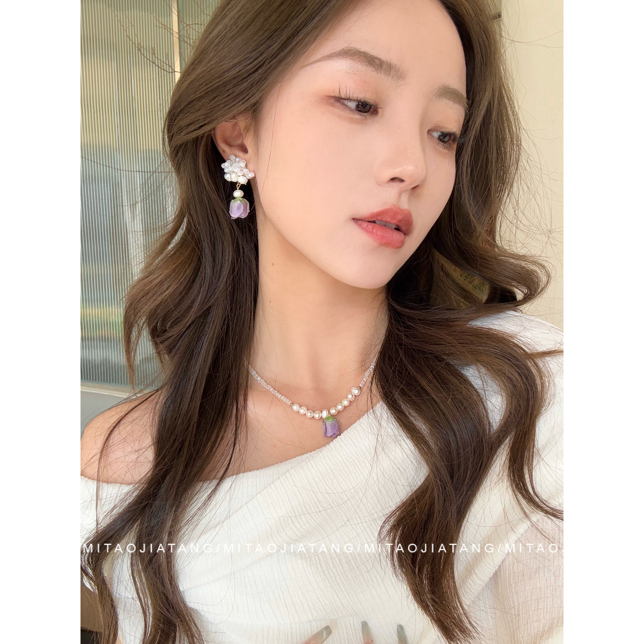 蜜桃加糖/夏日摇曲 郁金香花园甜美清新耳钉淡水珍珠花朵项链