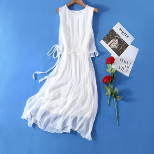 中式 海边度假沙滩裙小个子真丝连衣裙 桑蚕丝2024新款 白色仙女裙