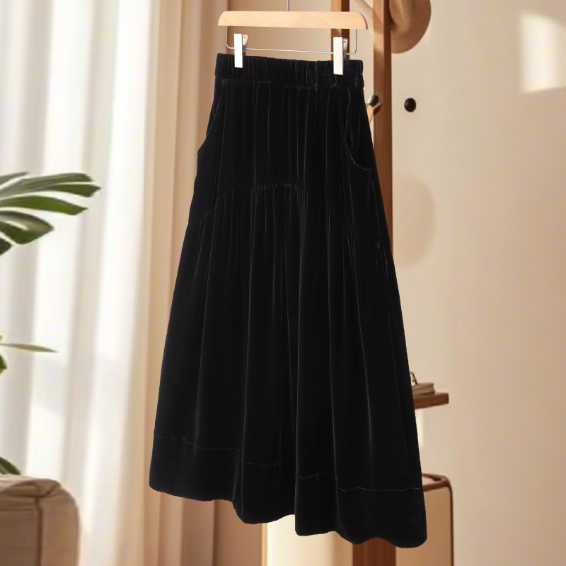 黑色半身裙100%桑蚕丝2025冬季新款时尚带口袋真丝丝绒半裙中长款