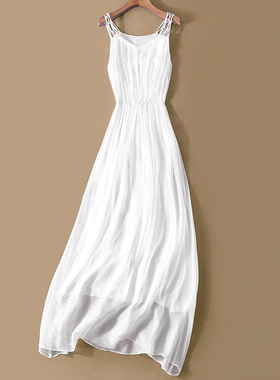吊带连衣裙桑蚕丝收腰垂坠飘逸海边度假v领显瘦真丝白色长裙 超长