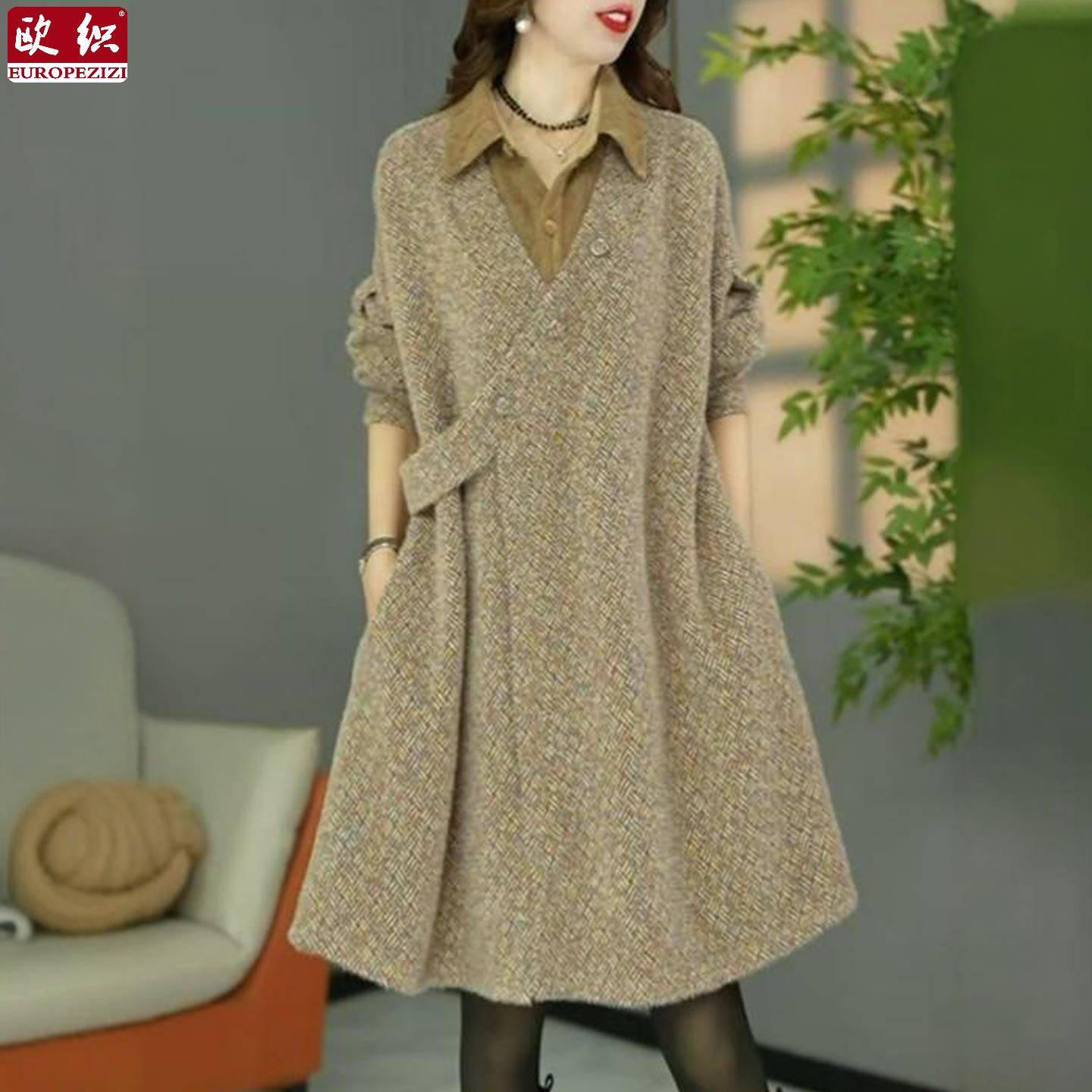 小个子妈妈假两件连衣裙冬季新款加厚X气质保暖中长款宽松裙子女