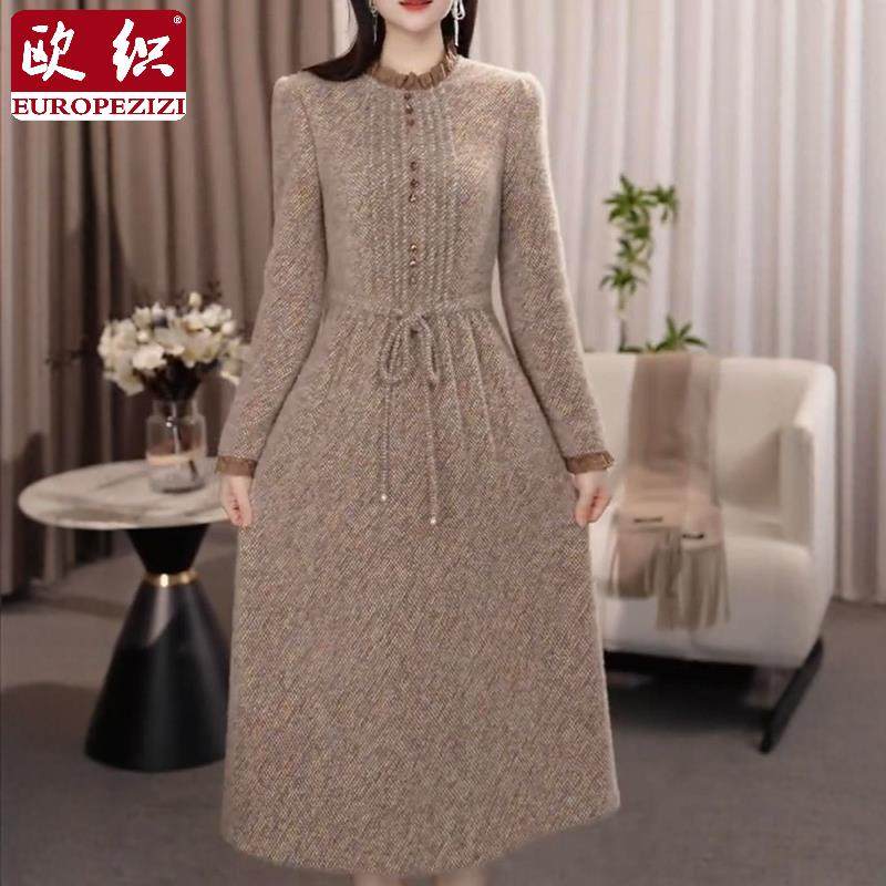 秋冬连衣裙中长款花边圆领显瘦减龄F时尚百搭气质雅妈妈装长裙子