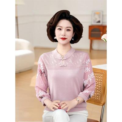 妈妈装春夏薄款纱袖针织旗袍领小衫时尚中老年女春季中袖T恤上衣