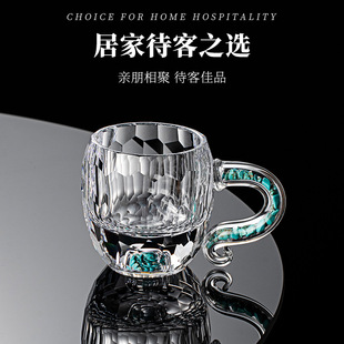 高档绿松石把手杯子高颜值加厚功夫茶杯水晶玻璃品茗杯金箔主人杯