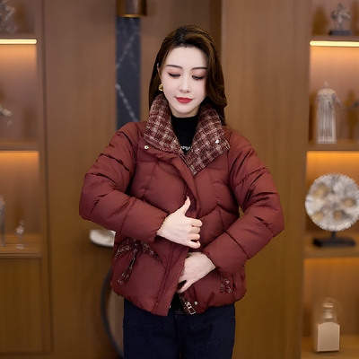 拼色格子立领短款棉服