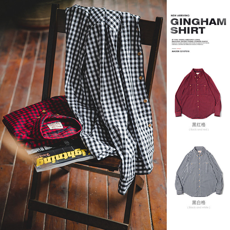 马登工装日系复古维希格黑白格纹长袖衬衫秋季翻领休闲衬衣外套男