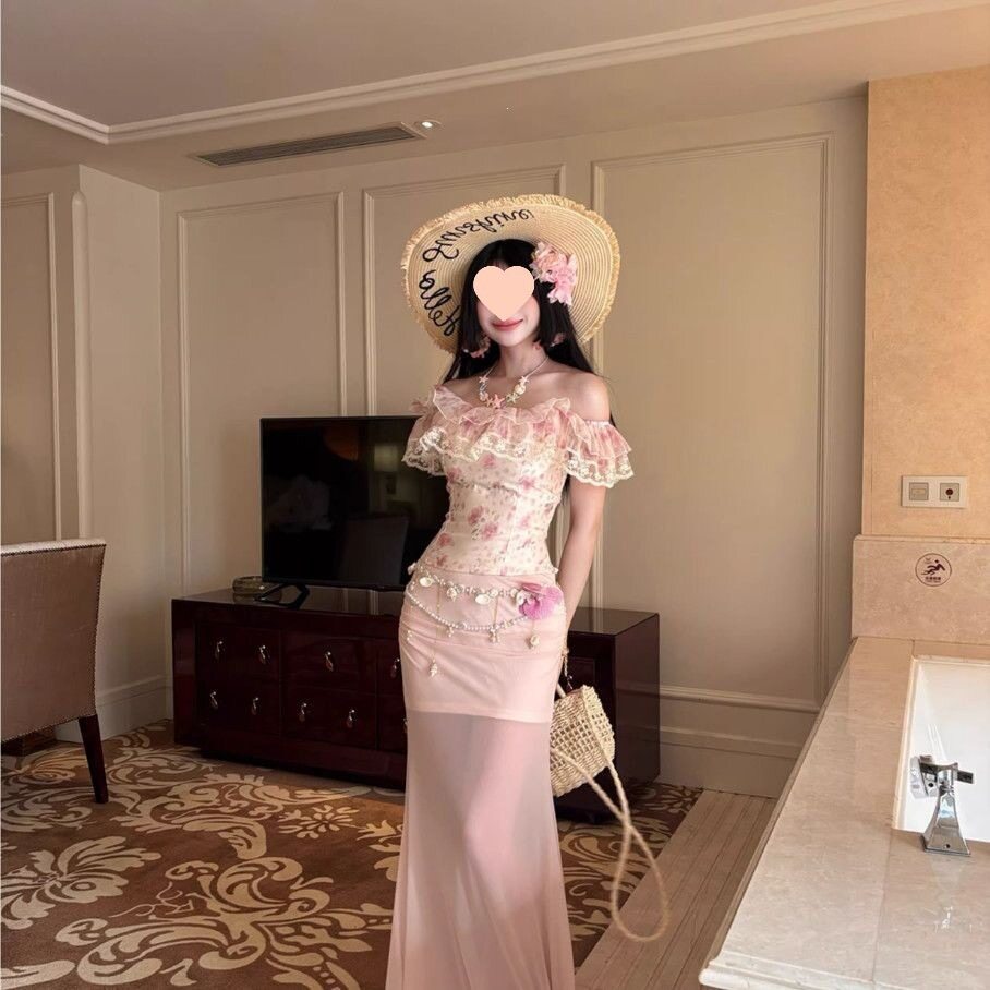 法式甜美减龄荷叶边碎花拼接上衣女春夏气质高腰显瘦网纱半裙套装
