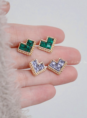 (半价清仓）有滤镜 灰紫色/祖母绿 小小彩钻爱心 轻复古耳钉/耳夹