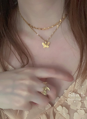 有滤镜复古双层金色叠戴项链