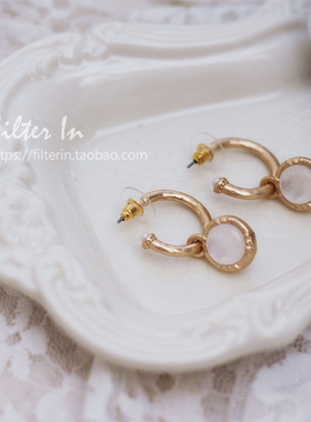 (半价清仓）日杂风 复古小众猫眼石吊坠轻奢哑金圈圈两戴气质耳环