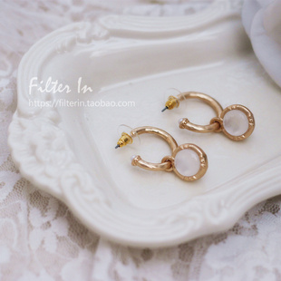 (半价清仓)日杂风 复古小众猫眼石吊坠轻奢哑金圈圈两戴气质耳环