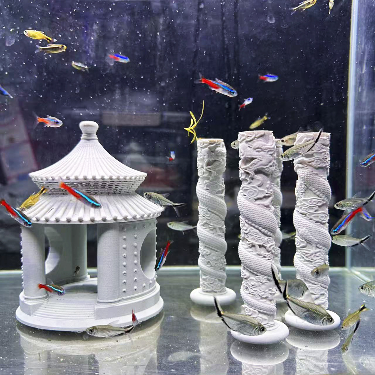 中式禅意水泥盘龙柱鱼缸造景摆件