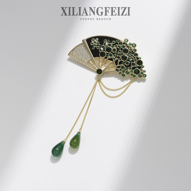 西凉妃子正品高级感复古玛瑙流苏扇子胸针汉服旗袍配饰品胸花别针