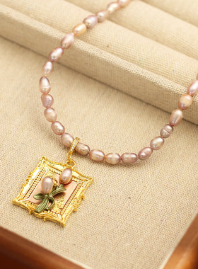 复古欧美中古风天然淡水珍珠油画相框造型滴油郁金香吊坠颈链项链