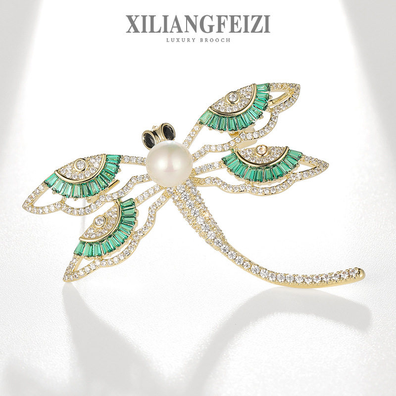 西凉妃子 时尚潮流民族风锆石镂空玛瑙珍珠蜻蜓胸花团建配饰别针