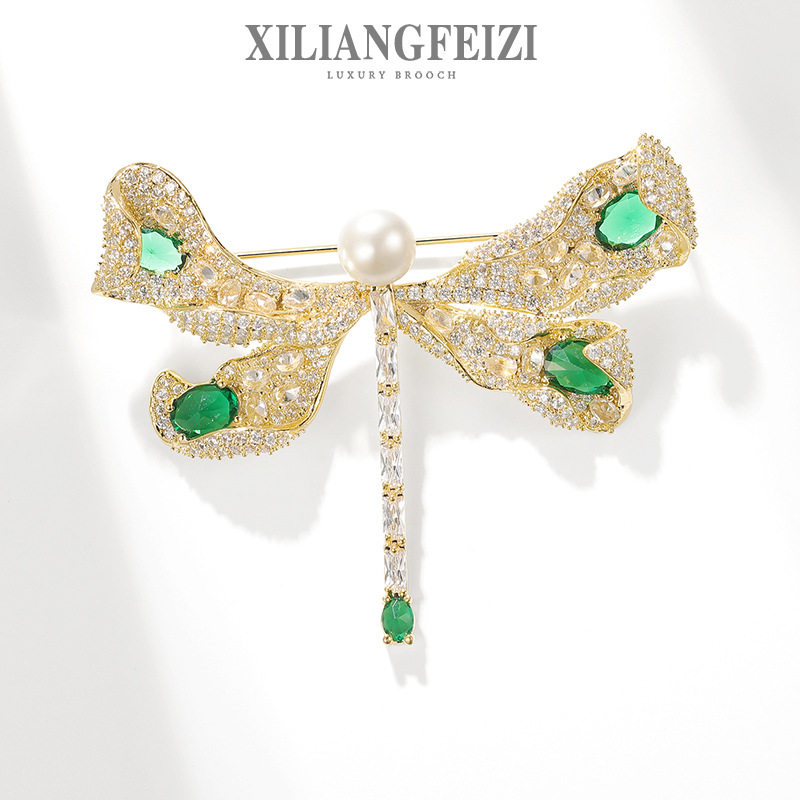 西凉妃子韩版重工蜻蜓胸针锆石昆虫别针天然淡水珍珠玛瑙胸花配饰