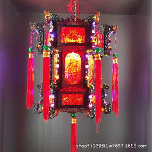 新款仿古六角龙灯七彩宫灯走马灯中式LED旋转阳台大门灯笼吊灯