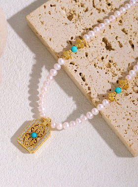 蓝松石方牌项链新款许愿星光无事牌珍珠轻奢气质高级感项链全新女