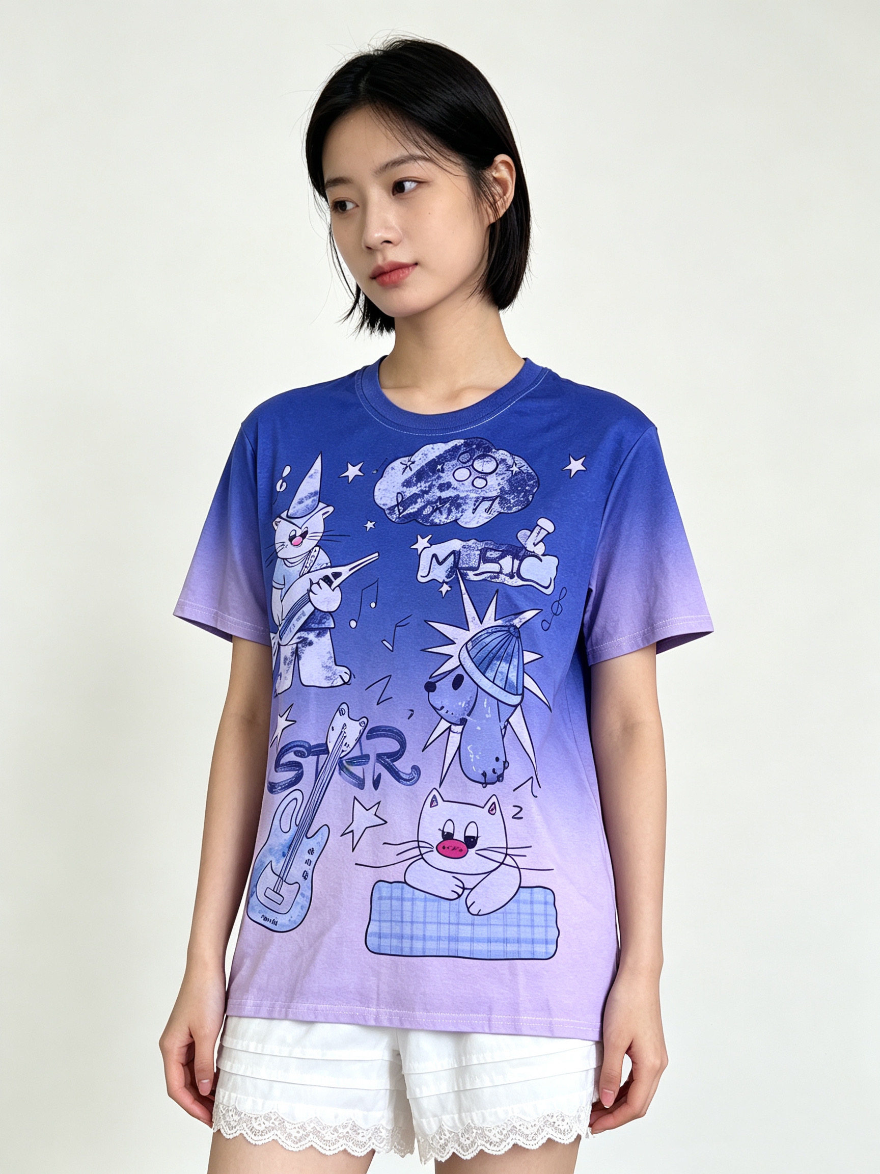 美式复古渐变紫水洗做旧短袖t恤女夏季新款宽松显瘦上衣情侣服装