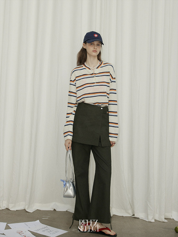 Relez ハーフオープンカラーコントラストストライプ長袖Tシャツ女性用アメリカンレトロカジュアルレイジーアーリーオータムルーズトップ